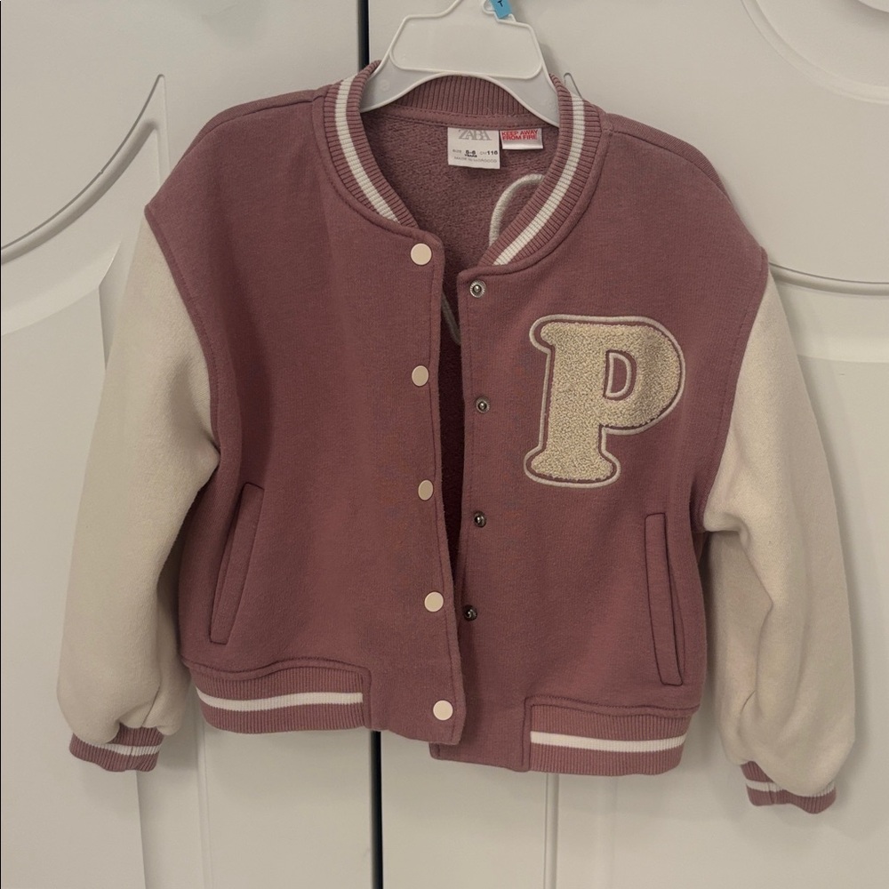 Zara Girls Paris Pink and Cream Varsity Jacket 5/6
